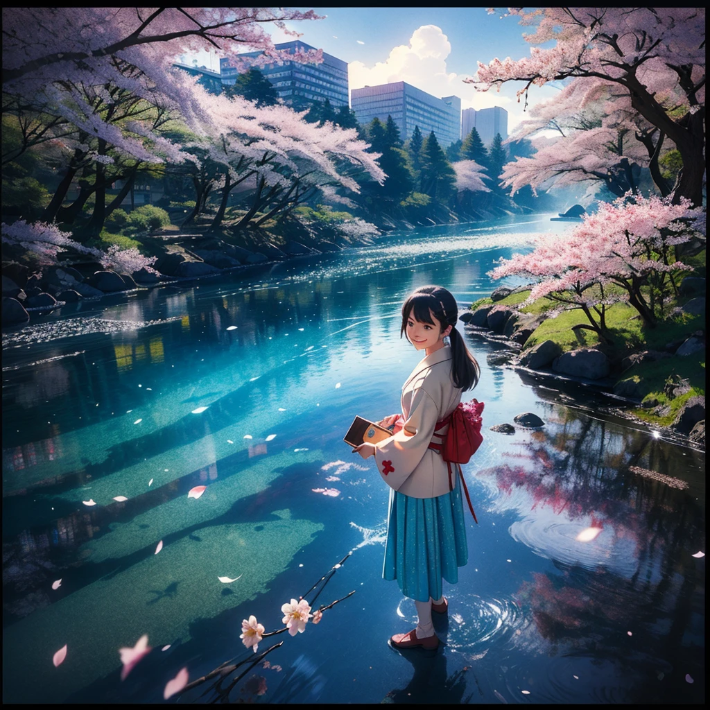 Retro Photography, 1960s , Agfa, Kodak, One girl, Portraiture, Looking_in_Audience, smile, Japan, Tokyo, Cherry Blossom, Octane Rendering, 一人in, rtrophto1