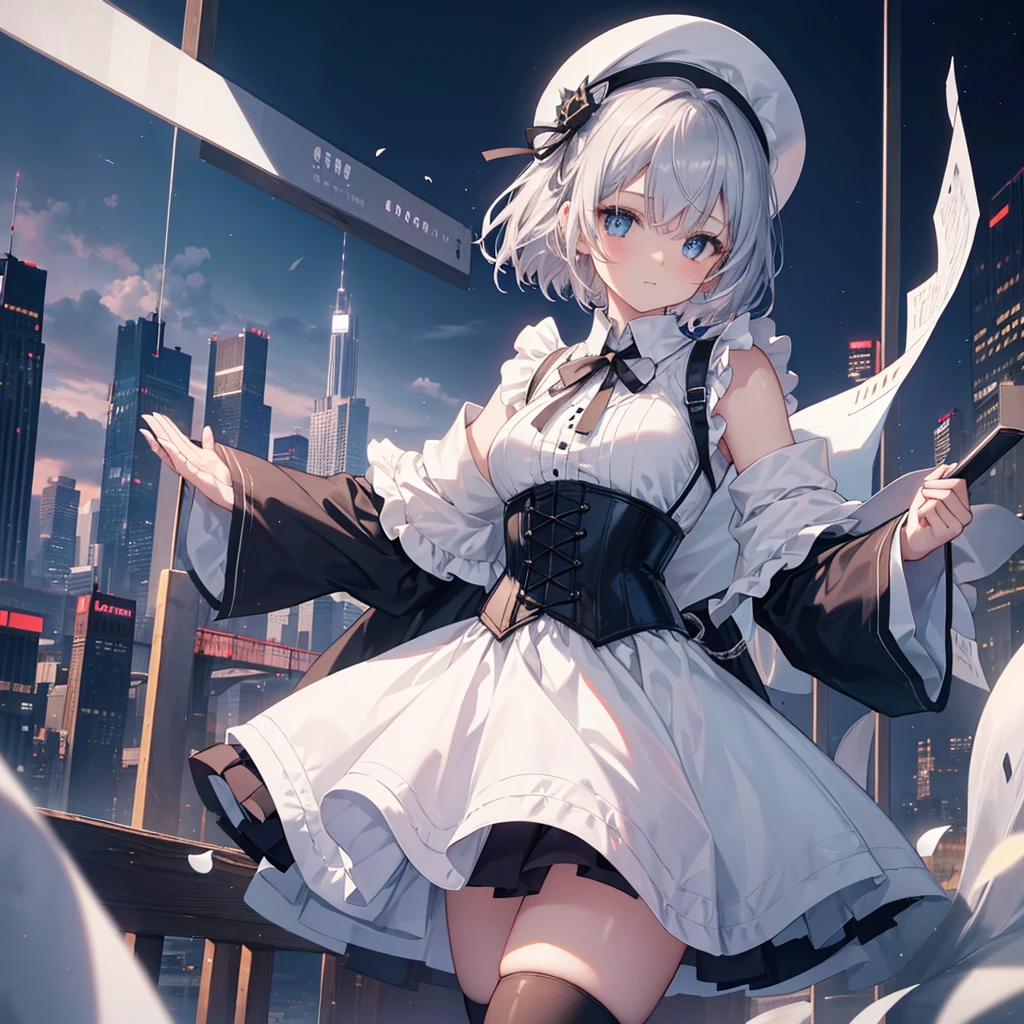 Illustration of one person, Dengeki Bunko, Woman Looking Back, Perfect Human Medicine, Woman keeps falling, {{{{{Maid clothes}}}}},Small Tits,anime, Two legs, Cool,{{{{{50 year old woman}}}}} ,{{{{{a person is depicted}}}}},(Official Art、{{{{{Upper Bodyアングル}}}}},Highest quality、Unity 8k wallpaper、32k、masterpiece、Ultra-detailed、Ultra-high resolution, Realistic、Grab your hair with your hands, Photorealistic:1.2)、(Cinema Lighting:1.2)、,Fire Glow Effect、The most grainy shadows on the film、Rim Light、Side light、Side Shot、(Ultra-detailedで複雑な3Dレンダリング)、Very short hair, Short wolf hair,細部までBeautiful Faceと目、Sharp pupils、Realistic生徒、Slender、white maid hat, Highly detailed background、Beautiful Face、Beautiful 16 year old girl、(Ultra-detailedなスキン、Detailed skin texture:1.Silver Hair:1.3)、Blunt bangs、blue eyes、{{{{{黒いMaid clothes}}}}}、White apron costume、Black knee socks、(Thighs Thighs Thighs Thighs:0.8)、Black Bhutanese sticks and a beautiful sunset、Medieval castle、Dancing on the Tower Roof、(avert your eyes、Overlooking the city:1.3)、Fantastic、Close your mouth and bite, Makes your face smaller, (Tabletop), Highest quality, Perfect Face, 1 Girl, alone, Eye color is light blue, Hair between the eyes, Very Short Hair, blue eyes, Silver Hair, Knee-high boots, corset,Black gloves, Long sleeve, Upper Body,