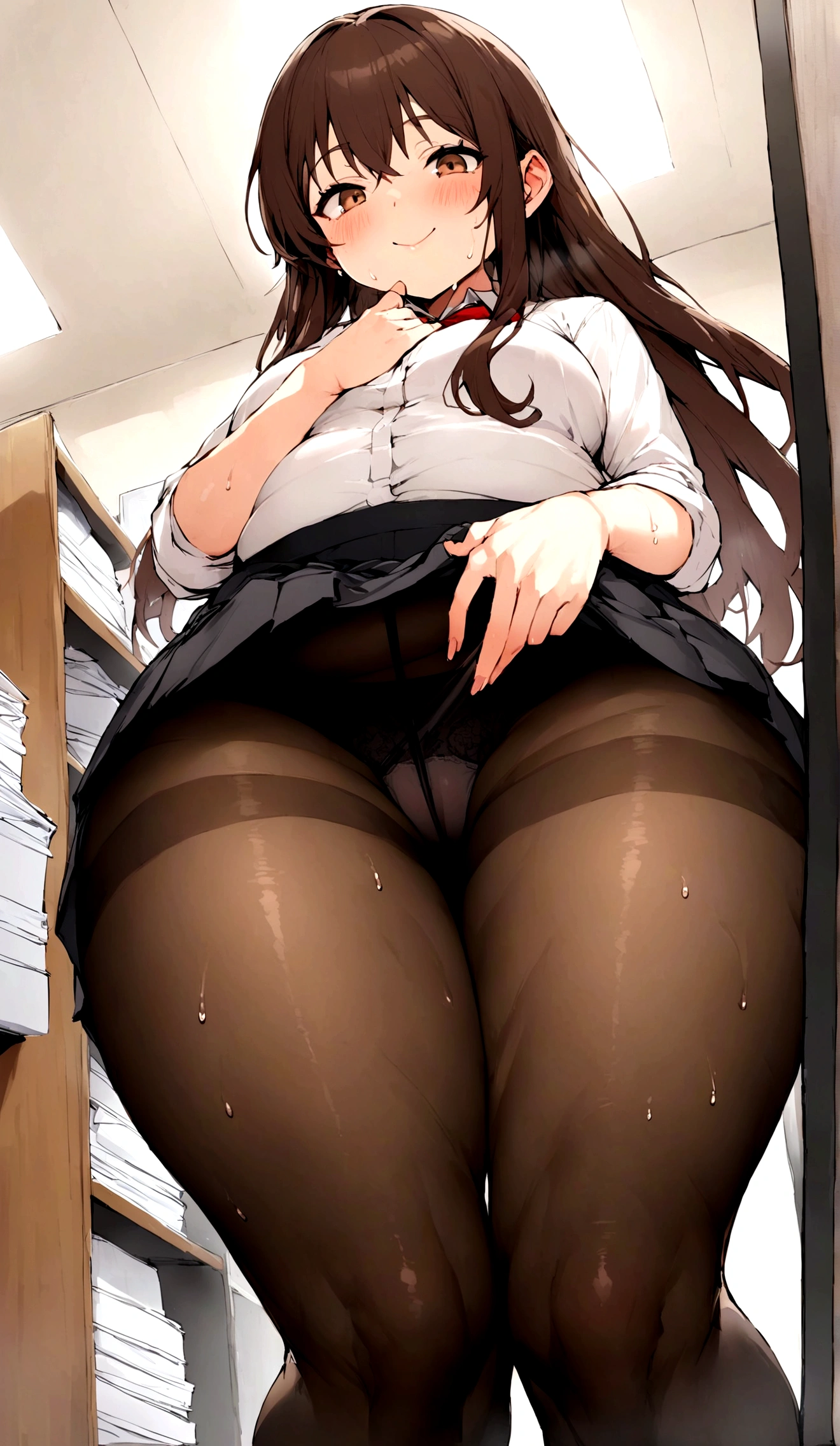 One Woman、One Man、The man is looking up her skirt、Beauty、office、clerkの制服、clerk、Age 25、Tight Skirt、Looking down at the viewer, Jaggy Hair, Highest quality, Focus on the thighs, smile, Black Pantyhose, panties under pantyhose、Plump thighs、Big Ass、Big 、 Brown Hair,My thighs are steaming between the legs 、Sweaty pantyhose、Angle from directly below、I have the documents、Copier、Corner masturbation
