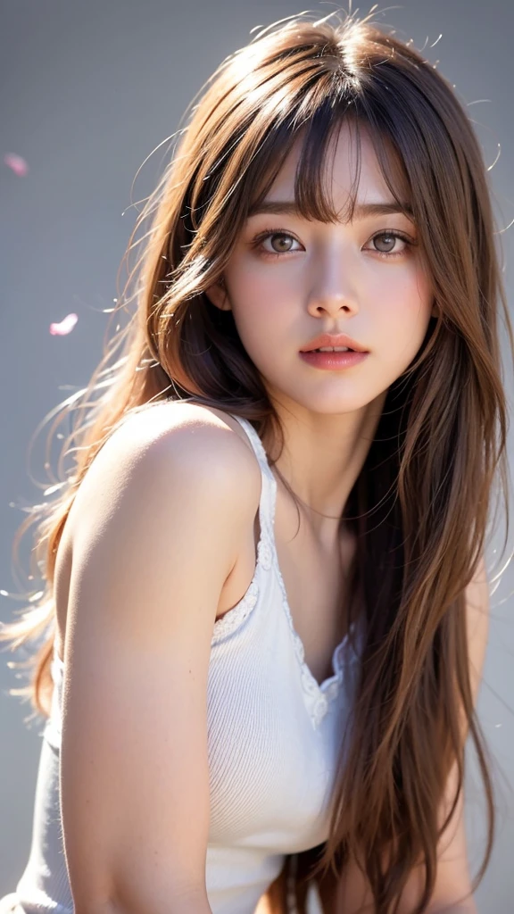 1womanl, up of face, mideum breasts, light brown hair, Blunt bangs, hair behind ear, hair over shoulder, Long hair, slender body shape, Ultra Fine Face, Thin face, Delicate lips, Beautiful eyes, thin blush, eyes are light brown, perfect glossy skin, flawless skin, Glistening sweat,View here, Ultra-thin hands, Ultra-fine fingers, best ratio four finger and one thumb, (realisitic:1.3), See-through white blouse. An amusement park, One-person viewpoint, Fuji Film, F/1.2, 8K, masutepiece, nffsw, Super Detail, High quality, Best Quality, hight resolution