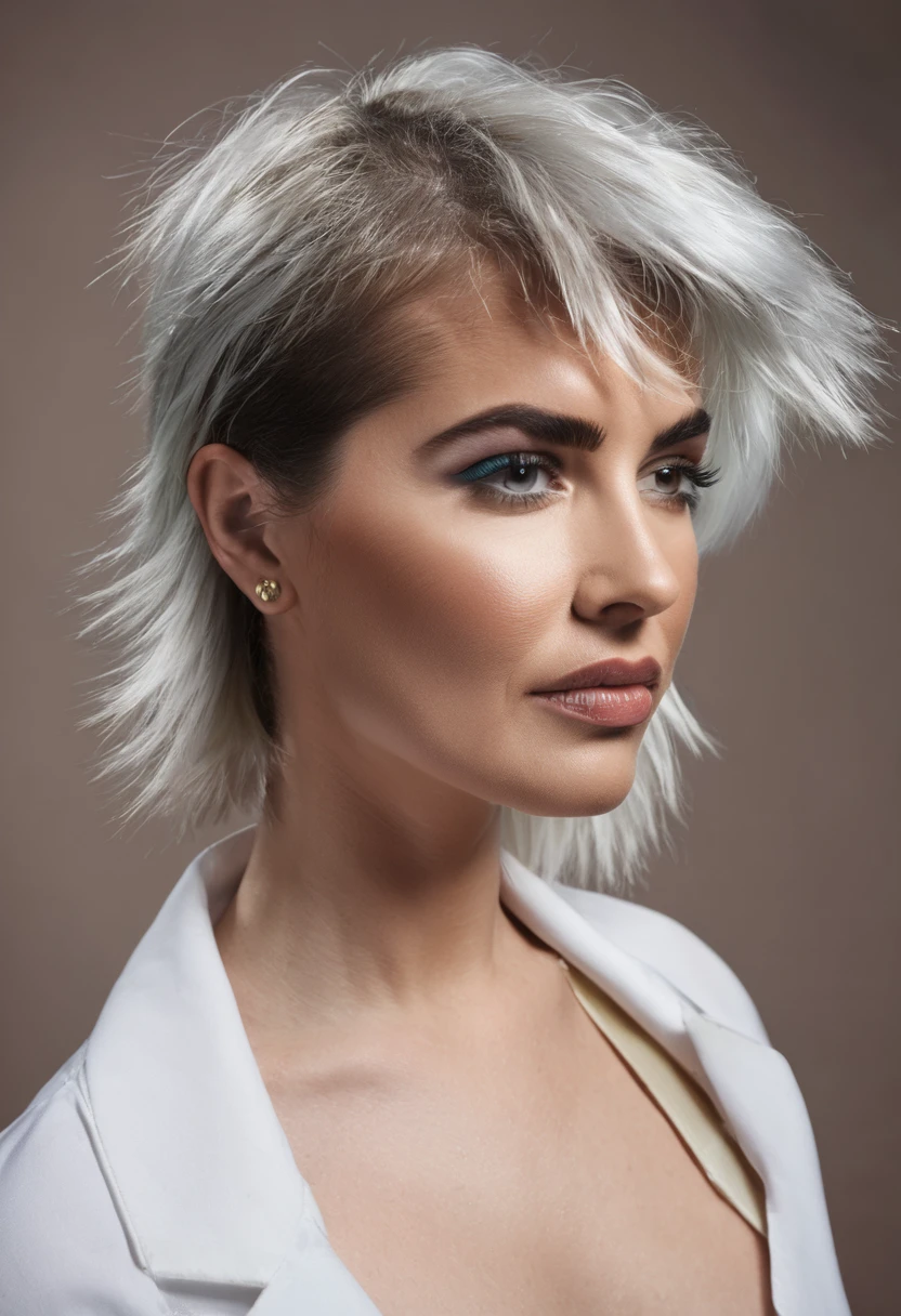 (RAW photo, best quality, masterpiece: 1.5), (photorealistic:2), best lighting, 20 years old, (light gray hair, short bob cut, hair in 7 thirds, hair over one ear, :1.3), (symmetrical eyes, solo, detailed skin:1.2), looking at viewer,