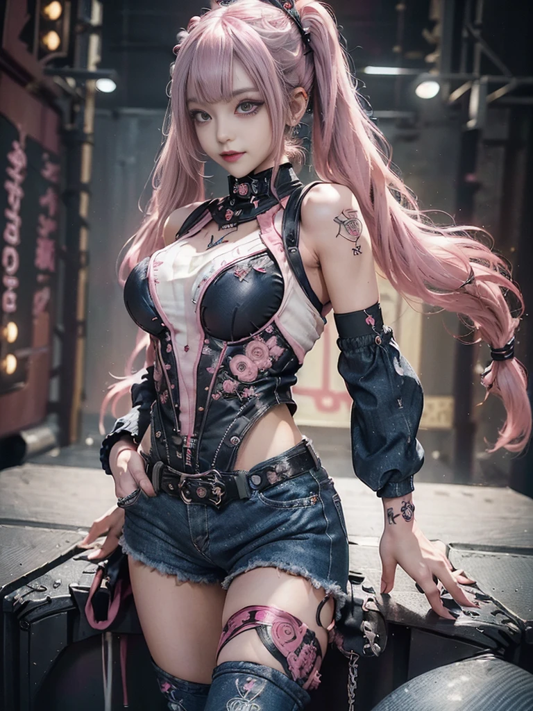 (Full Body View:1.4)、(Full body:1.3)、(Smiling with teeth showing:1.3),(Shibuya Gal:1.5)、(Gothic Lolita style fashion:1.5)、(Punk RockVisual Kei:1.5)、(Wearing a rhythmic gymnastics bodysuit with intricate details:1.4)、(Racing suit and pants with intricate decorations in magenta, denim and wine red:1.5)、(Red, brown and white boots:1.3)、((belt))、(Numerous delicate logo marks all over the costume:1.4)、(collar:1.3)、(Striped underwear:1.5)、30 years old、NSFW、((Highest quality、In 8K、masterpiece:1.3))、Sharp focus:1.2、(Layered Cut、Huge boobs:1.1),Beautiful woman with perfect figure:1.4、(Dancing vigorously:1.3)、Slender Abs:1.2、Highly detailed face and skin texture、Detailed eyes、double eyelid,(Twin tails:1.3)、(Pink and cream hair:1.3)、Gravure idol、(The background is the stage of the fashion show:1.3)、(Slim body:1.3),(Make your legs thinner:1.4),(clavicle:1.1)、(Thin and slim thighs:1.3)