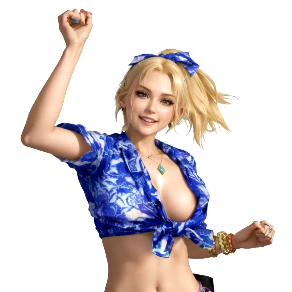 a close up of a blonde girl with a shirt on rejoycing, happy face, she's American, as a character in Out Run 2, of SEGA, 3D CG, Clarissa, 2k, 2 k, she has three bracelets on her left wrist, she has mouth open as to shout "hooray!", realistic, render of april, fighting game character, nina from tekken, shirt has some hawaiaan motif on it, she has a foulard tied over her head like a ribbon, she wears no bra, she has a golden necklace with a jade stone, jade drop earrings