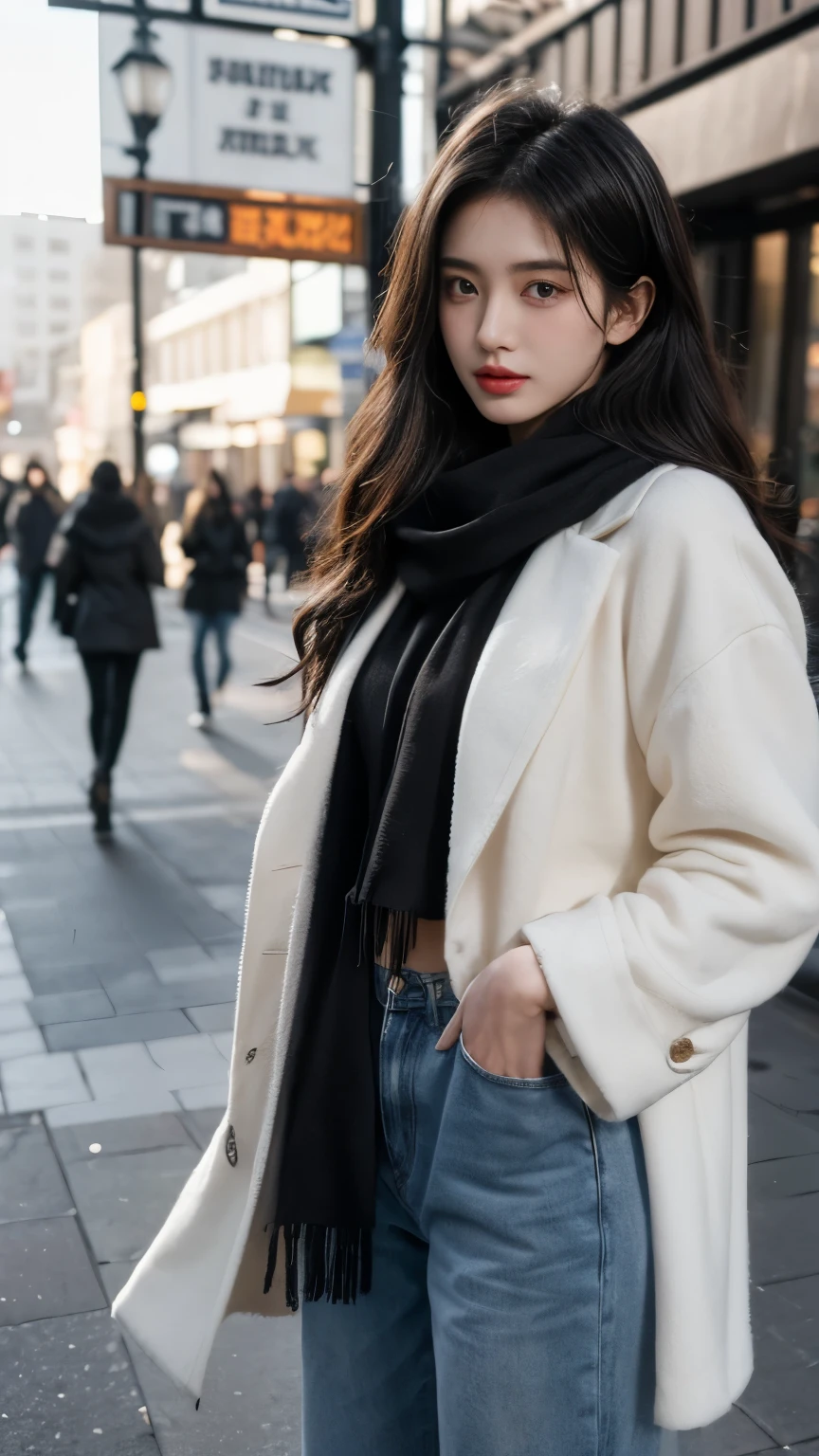 21yo girl, beautiful, wavy black hair, (cotton scarf around the neck), (wearing cotton coat), (wearing cotton scarf), denim trousers, black shoes, natural big breast, plumpy body, show sholders, london background, modern cinematic lighting, ray tracing, drop shadow wide shot UHD, textured skin, high details, best quality 4K, running pose, looks graceful, Grunge style create a photo realistic image that the viewer has never envisioned before,the image should demonstrate extreme creativity,imaginative,bold,inspiring,original in subject,original in style,amazing composition,intricately detailed,absurdly complex.