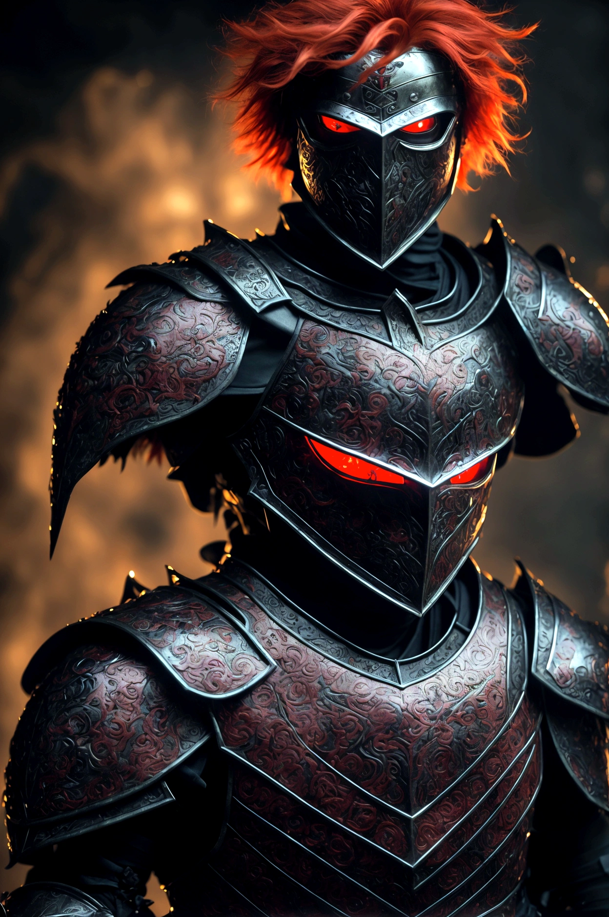(masterpiece), best quality, boy, menacing boy, black armor, black helmet with red eyes, short bright red hair, glowing hair, eyes with a red aura, holding a black sword with a red aura, a red aura surges around him, His hair is rising from the red power, short hair, helmet around the entire head,