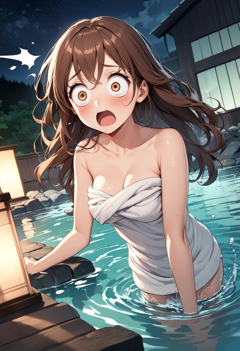 detailed illustration, dynamic angle, ultra-detailed, illustration, 1girl, 18 year old, school girl, wavy brown hair, long hair, bright brown eyes, horrified, shocked look, wide eyes, amazed eyes, blush, flush, orgasm, cumming, surprised, wearing a towel, wrapped in a towel, standing in water, spring, onsen, bath, night time, medium breasts, cleavage