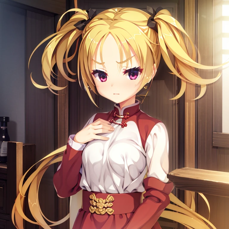 A small girl, seductive, ((forehead to show)), attractive, sexy eyes, flat eyebrows, red coat, blonde hair, twintail, delicate, young, long hair, detailed face, high definition, full body, chinese maid outfit, dead face, cafe, hands behind back
