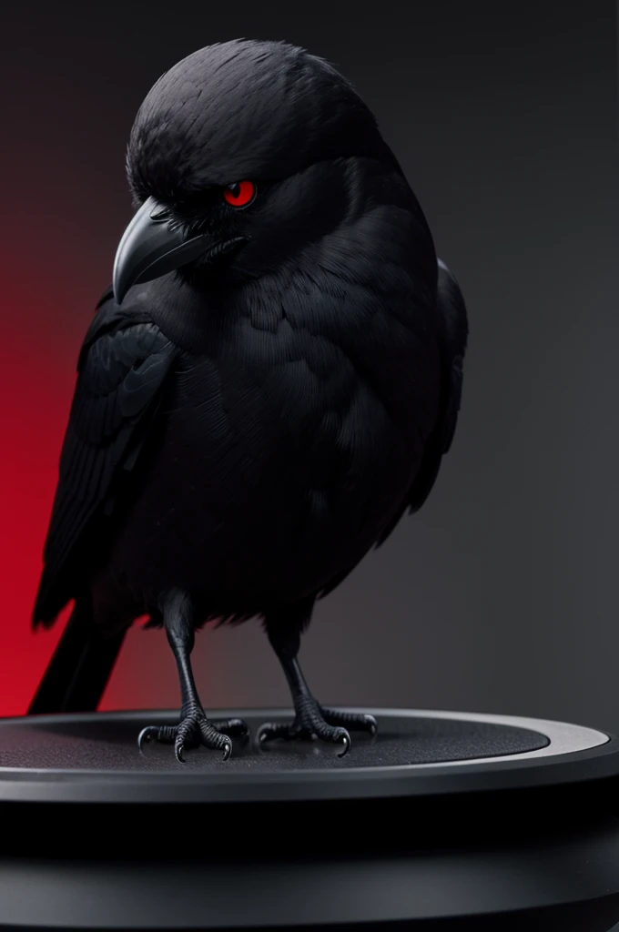 Create an image that has a black console that has the red eyes of a crow in the realistic background
