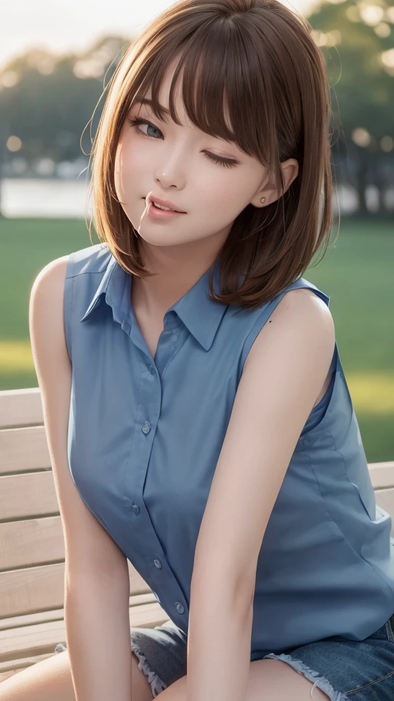 Highest quality, Realistic, 8K, High resolution, Full Color, One girl, woman, 20 years old woman, (Mouth closed:1.73), (Skin Dentition), (Portraiture:0.6), wood, Park bench, Dawn, ((Park Background:1.52)), Full Color, ((Sleeveless blue shirt:1.58)), View your viewers:1.8, (One girl eyes View your viewers:1.55), (Medium Hair, Brown Hair, Parted hair:1.45), (Bokeh),