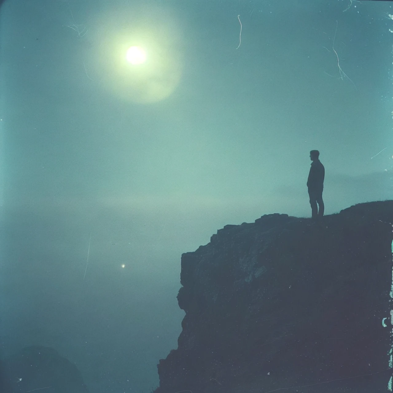 there is a man standing on a cliff looking at the moon, standing on a cliffside, standing in moonlight, standing on a cliff, standing on the edge of a cliff, photographed on damaged film, edge of the world, looking into the distance, on a cliff, looking off into the distance, atmospheric cool colorgrade, photographed on expired film