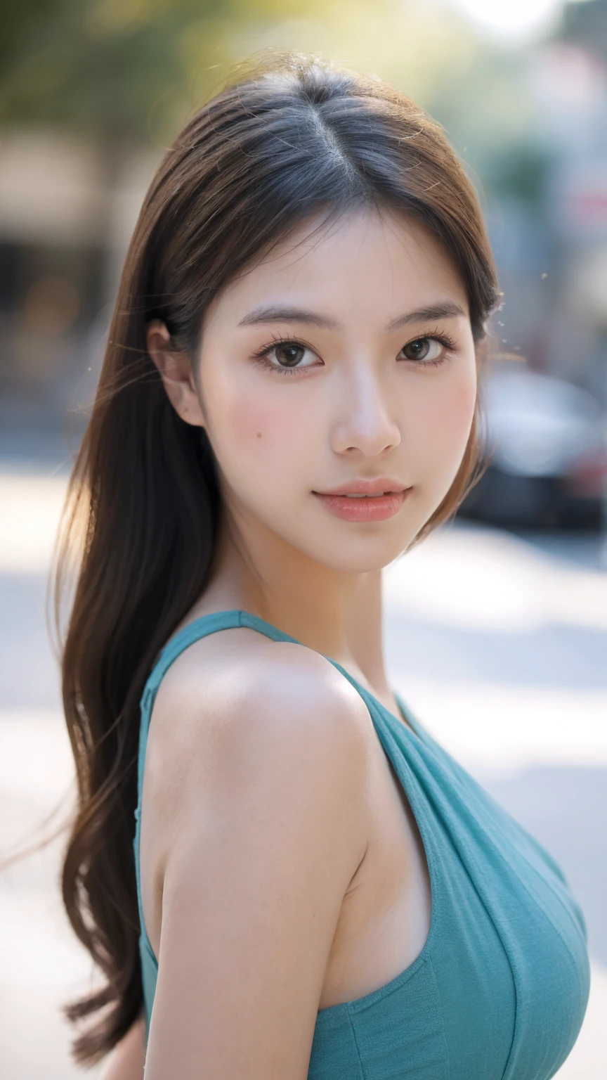 ((Best quality, 8K, masterpiece:1.3))，1girl，18 years old，Asian，Real texture:1.3，(Background blur:1.1)，Dress Up，Tall and slender figure:1.2，(Hot summer weather)，（street:1.3），Highly detailed face and skin textures，Exquisite eyes，Long eyelashes，Double eyelids，Skin Whitening，happy，Various postures，Big breasts