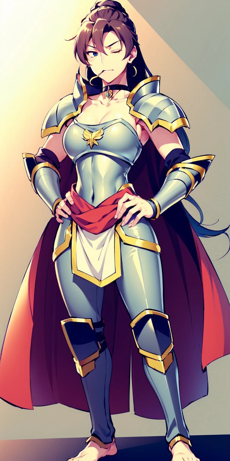 Setting:
Plain background
Character:
Female
Full body - Barefoot
Attire:
Linen tunic
Armor (possibly worn over the tunic)
Accessories:
Black choker
Handcuffs on wrists
Shackles on legs and arms
Pose:
Hands on hips
Expression: (happy but mouth closed)
Additional Notes:
(Consider leather armor or plate mail)