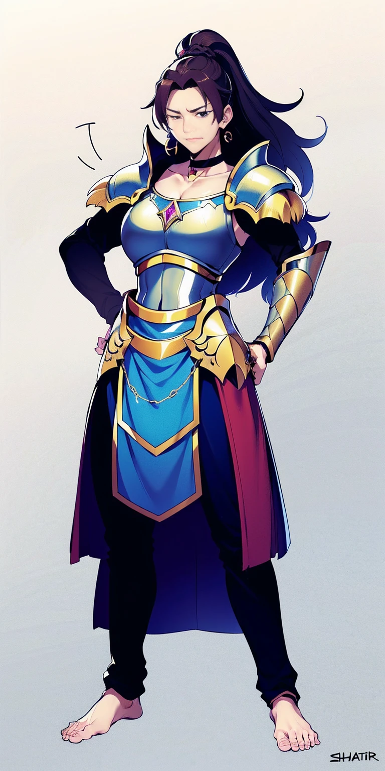 Setting:
Plain background
Character:
Female
Full body - Barefoot
Attire:
Linen tunic
Armor (possibly worn over the tunic)
Accessories:
Black choker
Handcuffs on wrists
Shackles on legs and arms
Pose:
Hands on hips
Expression: (happy but mouth closed)
Additional Notes:
(Consider leather armor or plate mail)
