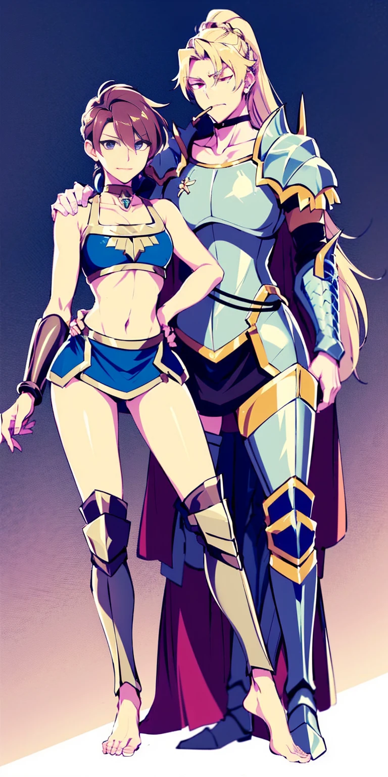 Setting:
Plain background
Character:
Female
Full body - Barefoot
Attire:
Linen tunic
Armor (possibly worn over the tunic)
Accessories:
Black choker
Handcuffs on wrists
Shackles on legs and arms
Pose:
Hands on hips
Expression: (happy but mouth closed)
Additional Notes:
(Consider leather armor or plate mail)