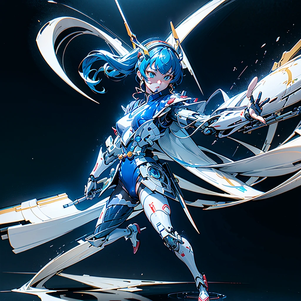 masterpiece, high quality, Heian Sumire, who has been turned into a mechanical body cyborg、Gynoid cyborg body modification surgery、Blue and white leotard armor、独奏、Single image、from front, full body、Mechabare、Sexual processing type mechanized genitals、Black background