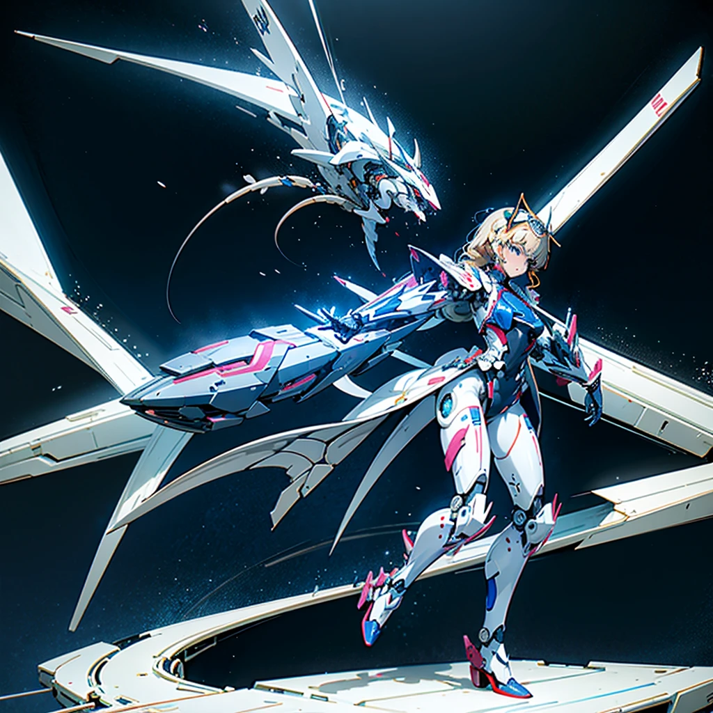 masterpiece, high quality, Heian Sumire, who has been turned into a mechanical body cyborg、Gynoid cyborg body modification surgery、Blue and white leotard armor、独奏、Single image、from front, full body、Mechabare、Sexual processing type mechanized genitals、Black background