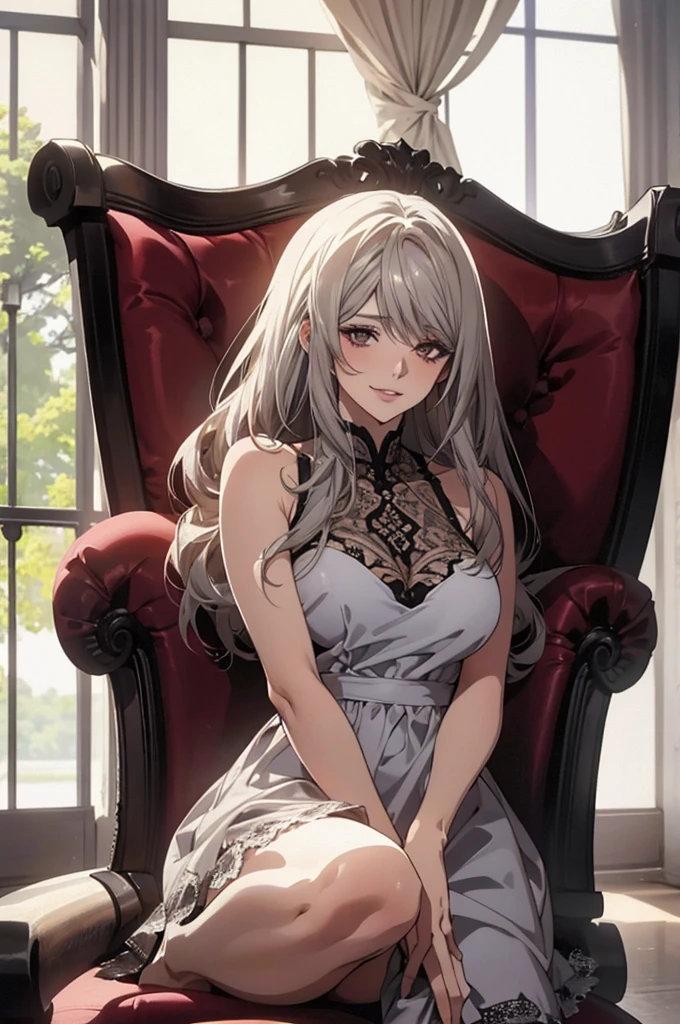 ass pov, (Highest quality, High resolution, Very detailed), 1 female, Silver Hair, Long Hair, Reddish brown eyes, micro mini lace dress, Nude, pussy, vaginale, ((pussy juice)), secretary, 24th generation, Beautiful woman, mature, quiet, Calm, Large Breasts, A small smile, sofa, sitting, spread legs,