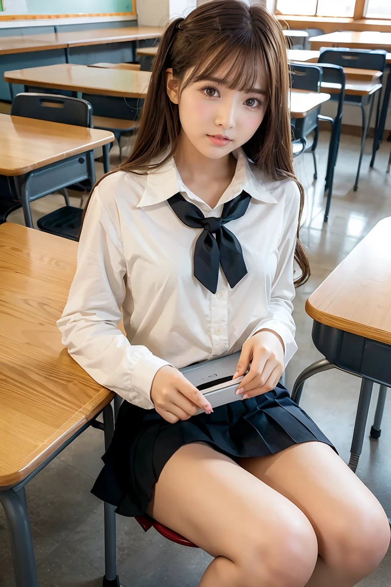 ((masterPiece, best quality)),The best aesthetics,1 girl, , table, sit, school table, brown hair, classroom, long hair, In the building, chair, look at viewer, :P, Focus only, brown eyes, skirt, long sleeve, Pencil, 1 boy, Pencil case, PaPer, black seraph, multiPle girls, Pleated skirt, sailor collar, smooth, headrest, school bag, school chair