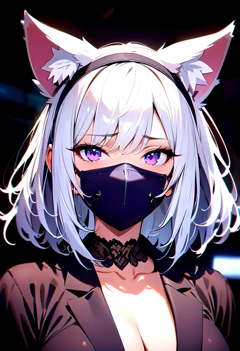 1 Girl, White hair, Purple Eyes, Face mask, Cat ears,((masterpiece)),((best quality)),((High Detail)),((Practical,)) ((Extremely detailed))