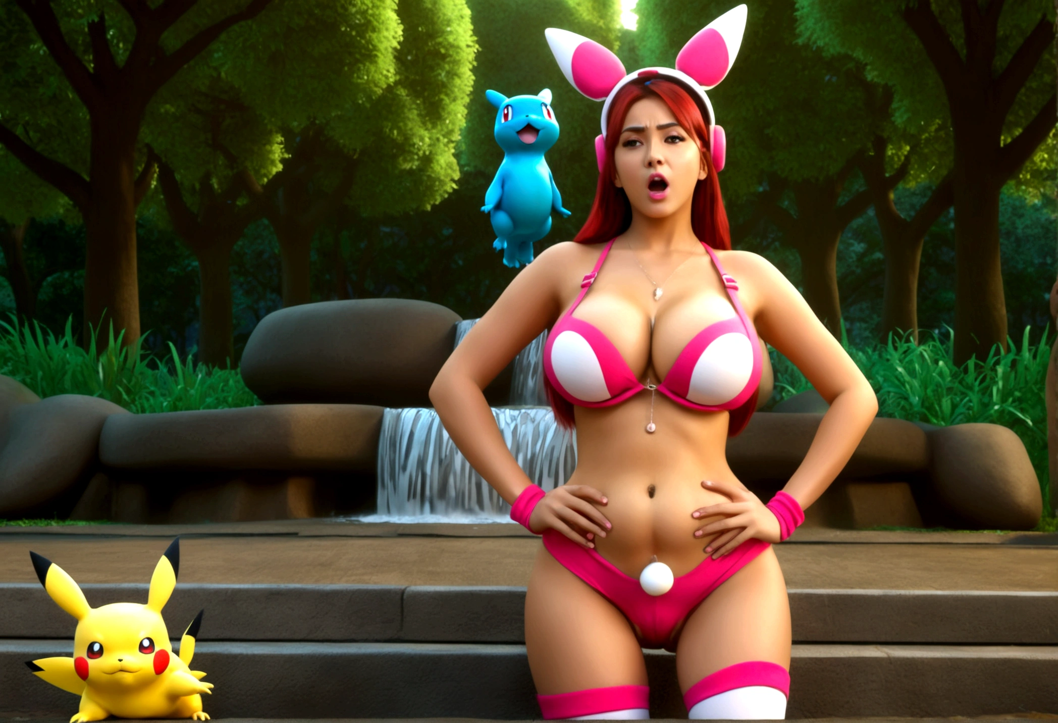 a gorgeous woman, mega busty, colorful bikini, enormous breasts, enormous breasts, enormous breasts, washing sports car, lewd pose, soapy water, photorealistic, 8k, hyperdetailed, vibrant colors, dynamic lighting, cinematic composition, glamour, sensual, erotic art (subject 1:cute woman pokemon trainer) determined look, has tossed a pokeball which releases (subject 2: woman, hourglass figure, large breasts , in pokemon boots and ears, confused and embarrassed, attempting to hand bra) crowded park in daytime, several horny pokemon with large engorged penis gather to sex subject 2. (best quality,4k,8k,highres,masterpiece:1.2),ultra-detailed,(realistic,photorealistic,photo-realistic:1.37),8k, hyperrealistic, extremely detailed, highly detailed, intricate details, soft lighting, vibrant colors, warm palette, dynamic composition, cinematic lighting, depth of field, stunning visuals, striking pose, photorealistic, professional quality, digital art, 3D render, concept art, fantasy, magical realism, whimsical, playful, humorous, (Title "MILFACHU I CHOOSE YOU! USE PUSSY POWER ATTACK!")
