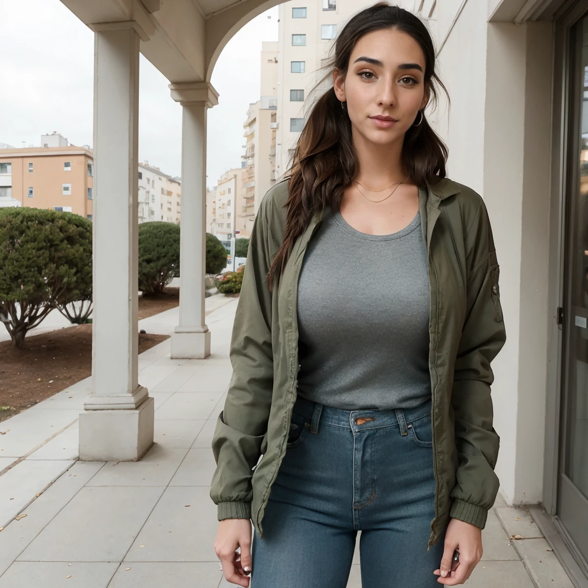 Extremely busty thin and toned brunette photographer, college girl, fair skin, loose ponytail, soft face, athletic, bandana babushka headwrap, tight olive green casual windbreaker, skinny jeans. standing in front of her apartment building, outdoors, city, camera bag, cleavage