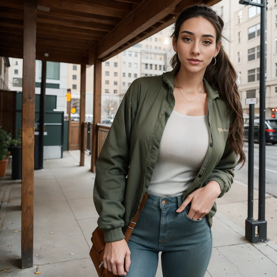 Extremely busty thin and toned brunette photographer, college girl, fair skin, loose ponytail, soft face, athletic, bandana babushka headwrap, tight olive green casual windbreaker, skinny jeans. standing in front of her apartment building, outdoors, city, camera bag, cleavage 