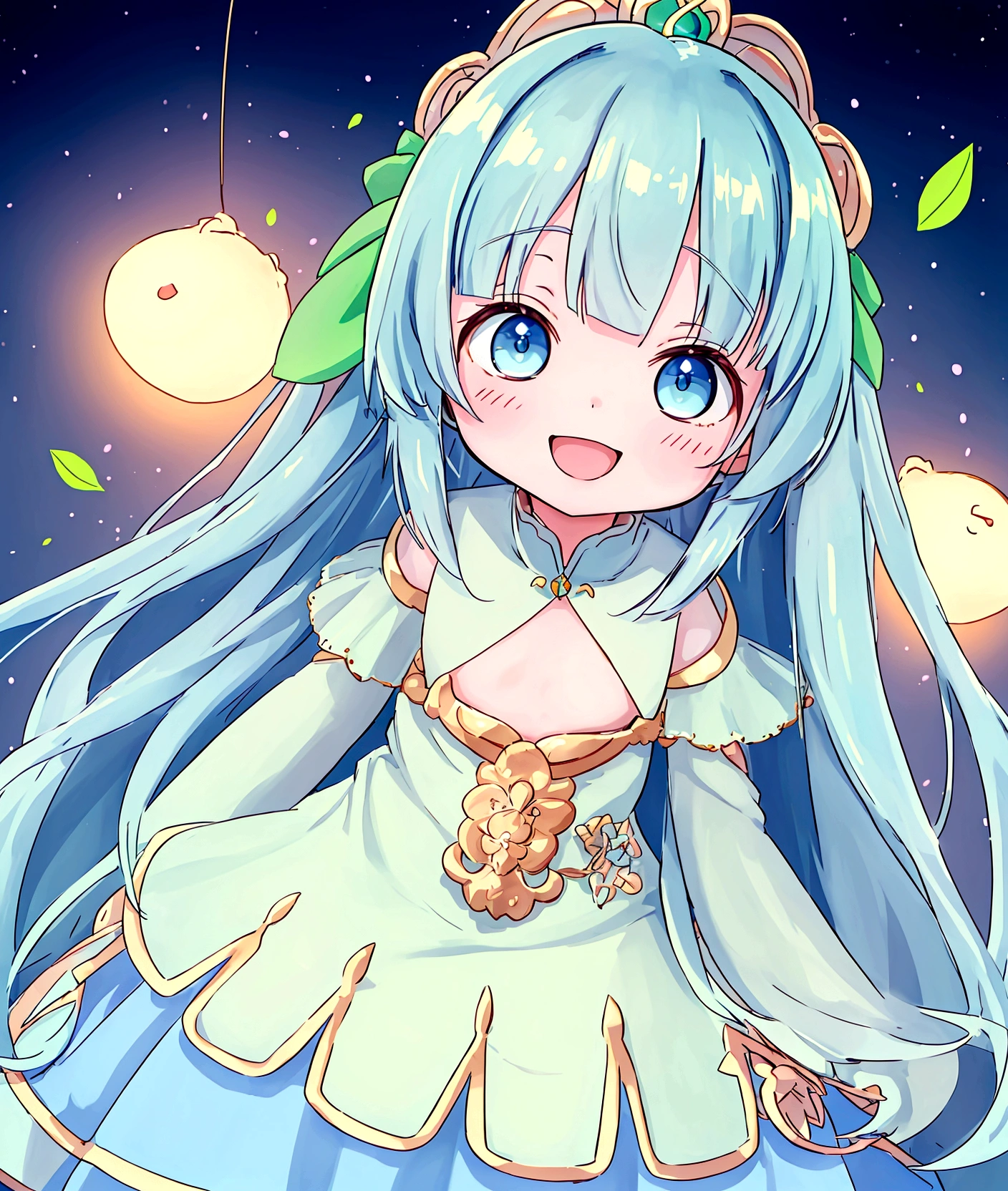 One person、,Baby Face, ((Anime Girls)), A girl of a green-skinned race、Light blue long hair、White dress、、Flat chest、Very detailed, ((masterpiece, Highest quality;1.3)) , An innocent smile、laughing、whole body