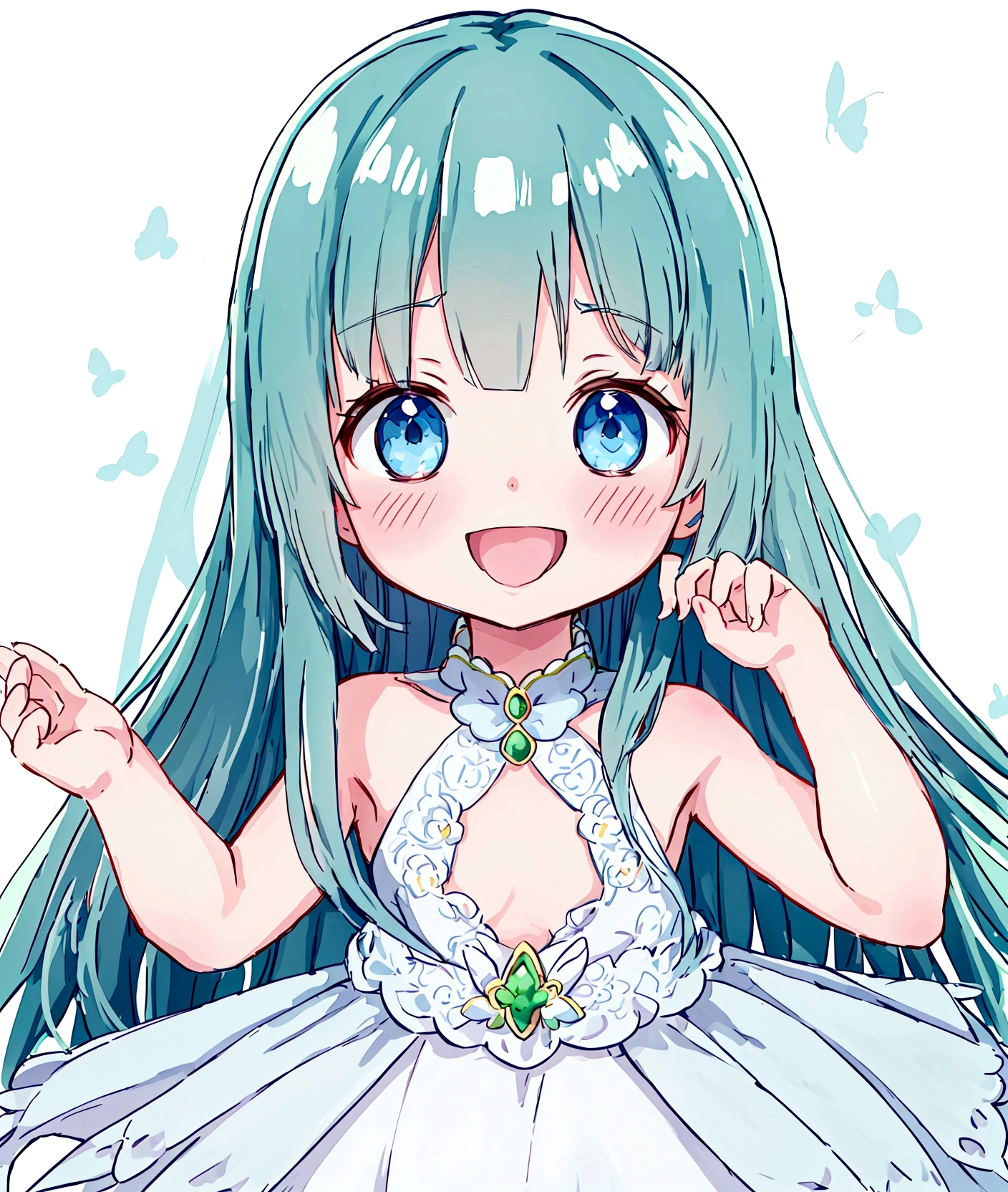 One person、,Baby Face, ((Anime Girls)), A girl of a green-skinned race、Light blue long hair、White dress、、Flat chest、Very detailed, ((masterpiece, Highest quality;1.3)) , An innocent smile、laughing、whole body