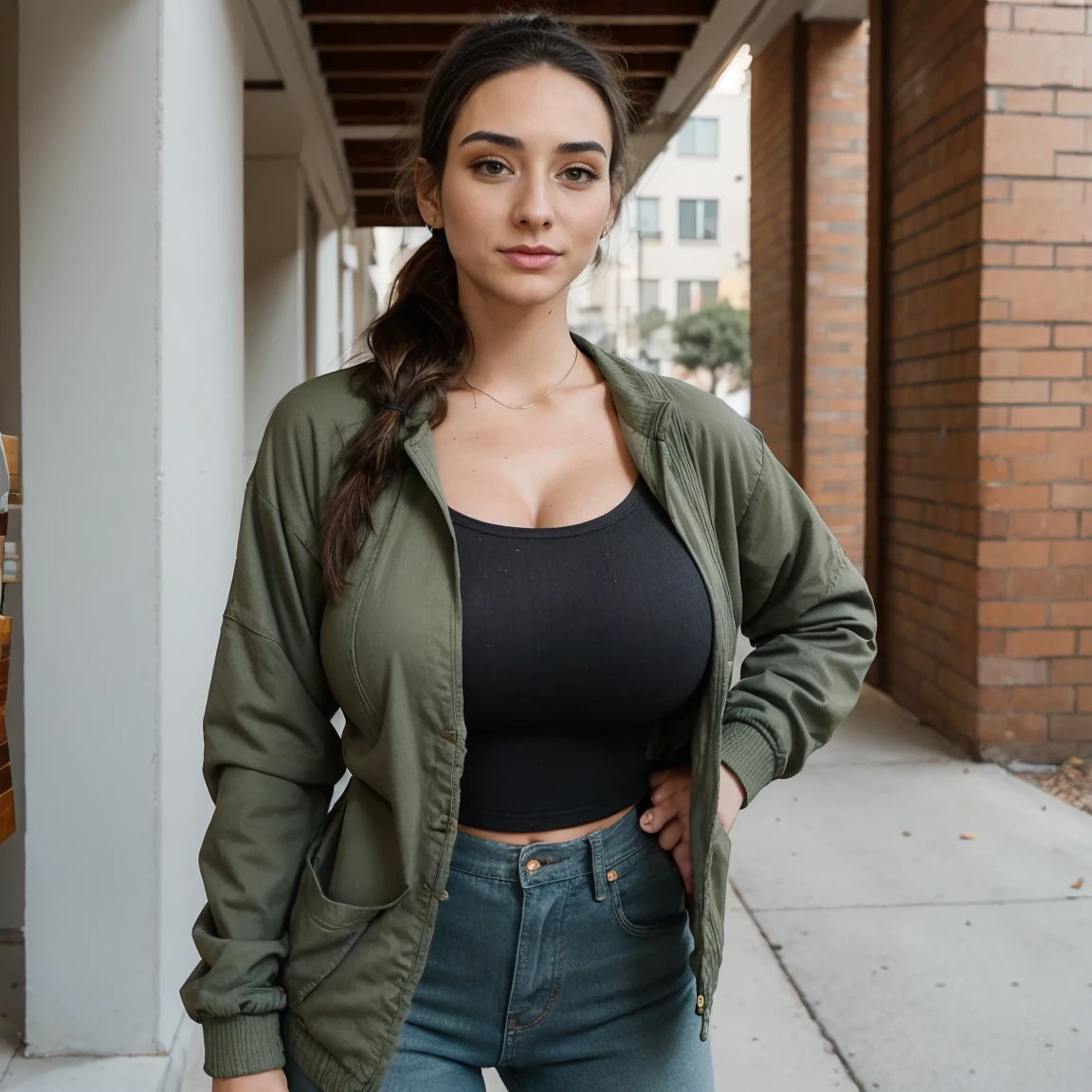 Extremely busty thin and toned brunette photographer, college girl, fair skin, loose ponytail, soft face, athletic, bandana babushka headwrap, tight olive green casual windbreaker, skinny jeans. standing in front of her apartment building, outdoors, city, camera bag, cleavage