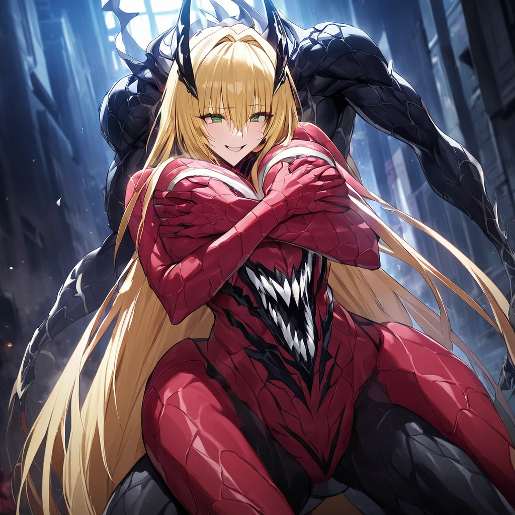 ((Highest quality)), ((masterpiece)), (detailed), (Perfect Face)、The Venom woman is Tearju, a green-eyed, blonde, medium-long-haired female Venom who has completely transformed into Venom and is wearing a red Venom suit that fits her entire body, including her head, covering the entire woman, and she has been reborn as the complete Venom Queen.、The woman is happily snuggling up to the male Venom King and holding a Venom baby.、The man is a Venom King with a strong and dignified body based on dark blue, and he is loved.、A happy and loving couple, King and Queen