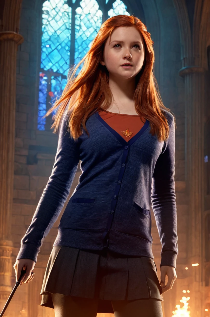 Ginny_Weasley, gryffindor  uniform, revealing clothing, holding a magic wand in right hand, dominatrix, strict pose, sensual masterpiece, 8k, hi-res, award winning, (highest quailty:1.5), girl, hogwartsbreathtaking beauty, pure perfection, divine presence, unforgettable, awe-inspiring, breathtaking beauty, volumetric light, auras, rays, vivid color reflections, detailed, hdr, epic background, line art, digital illustration, comic style, dynamic, highly detailed, artstation, concept art, smooth, sharp focus, illustration, Thomas Moran style, art by Carne Griffiths and Wadim Kashin, detailed background, 60-30-10 color rule, warm tones, godrays, unreal engine, greg rutkowski, loish, rhads, beeple, makoto shinkai and lois van baarle, ilya kuvshinov, rossdraws, tom bagshaw, alphonse mucha, global illumination, detailed and intricate environment 