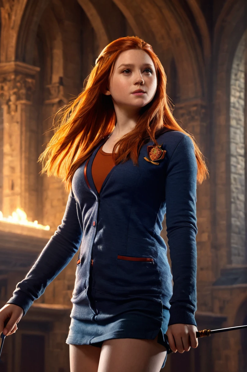 Ginny_Weasley, gryffindor  uniform, revealing clothing, holding a magic wand in right hand, dominatrix, strict pose, sensual masterpiece, 8k, hi-res, award winning, (highest quailty:1.5), girl, hogwartsbreathtaking beauty, pure perfection, divine presence, unforgettable, awe-inspiring, breathtaking beauty, volumetric light, auras, rays, vivid color reflections, detailed, hdr, epic background, line art, digital illustration, comic style, dynamic, highly detailed, artstation, concept art, smooth, sharp focus, illustration, Thomas Moran style, art by Carne Griffiths and Wadim Kashin, detailed background, 60-30-10 color rule, warm tones, godrays, unreal engine, greg rutkowski, loish, rhads, beeple, makoto shinkai and lois van baarle, ilya kuvshinov, rossdraws, tom bagshaw, alphonse mucha, global illumination, detailed and intricate environment 