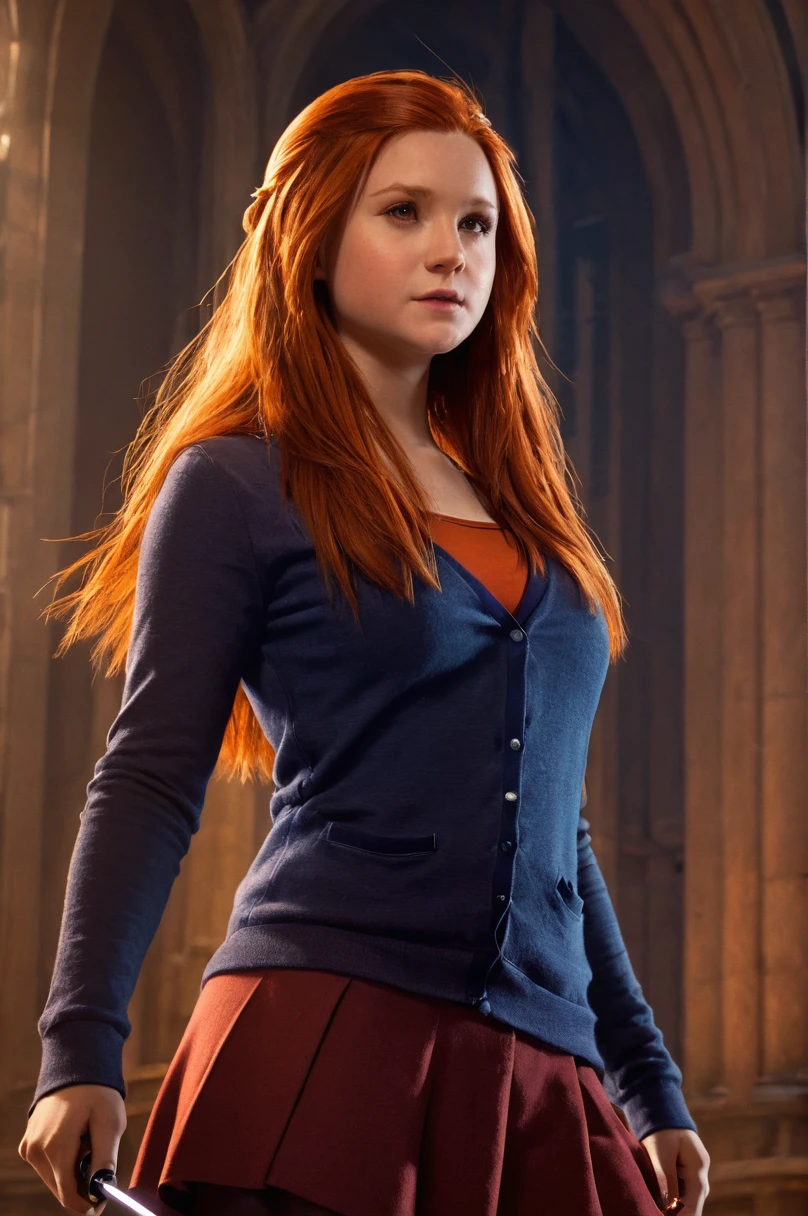 Ginny_Weasley, gryffindor  uniform, revealing clothing, holding a magic wand in right hand, dominatrix, strict pose, sensual masterpiece, 8k, hi-res, award winning, (highest quailty:1.5), girl, hogwartsbreathtaking beauty, pure perfection, divine presence, unforgettable, awe-inspiring, breathtaking beauty, volumetric light, auras, rays, vivid color reflections, detailed, hdr, epic background, line art, digital illustration, comic style, dynamic, highly detailed, artstation, concept art, smooth, sharp focus, illustration, Thomas Moran style, art by Carne Griffiths and Wadim Kashin, detailed background, 60-30-10 color rule, warm tones, godrays, unreal engine, greg rutkowski, loish, rhads, beeple, makoto shinkai and lois van baarle, ilya kuvshinov, rossdraws, tom bagshaw, alphonse mucha, global illumination, detailed and intricate environment 