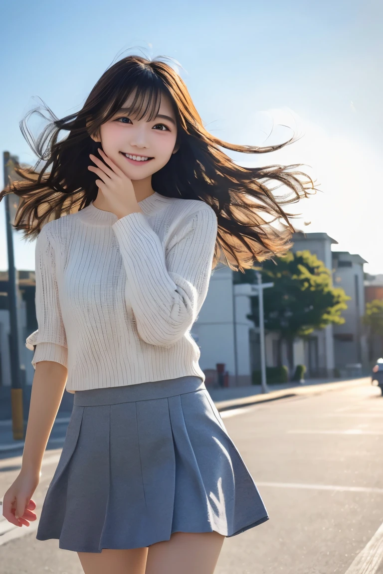 Highest quality, (beautiful)、university student、A mini skirt fluttering in the wind、No sleeve、Hair blowing in the wind、Soft 、smile、A strong wind is blowing