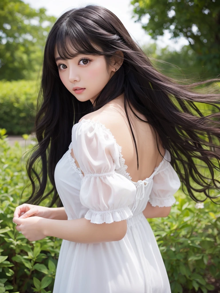 Ultra-high resolution、Japanese beauty、Long black hair、Curly Hair、Big eyes、cute、Beauty、Camisole with little white fabric、