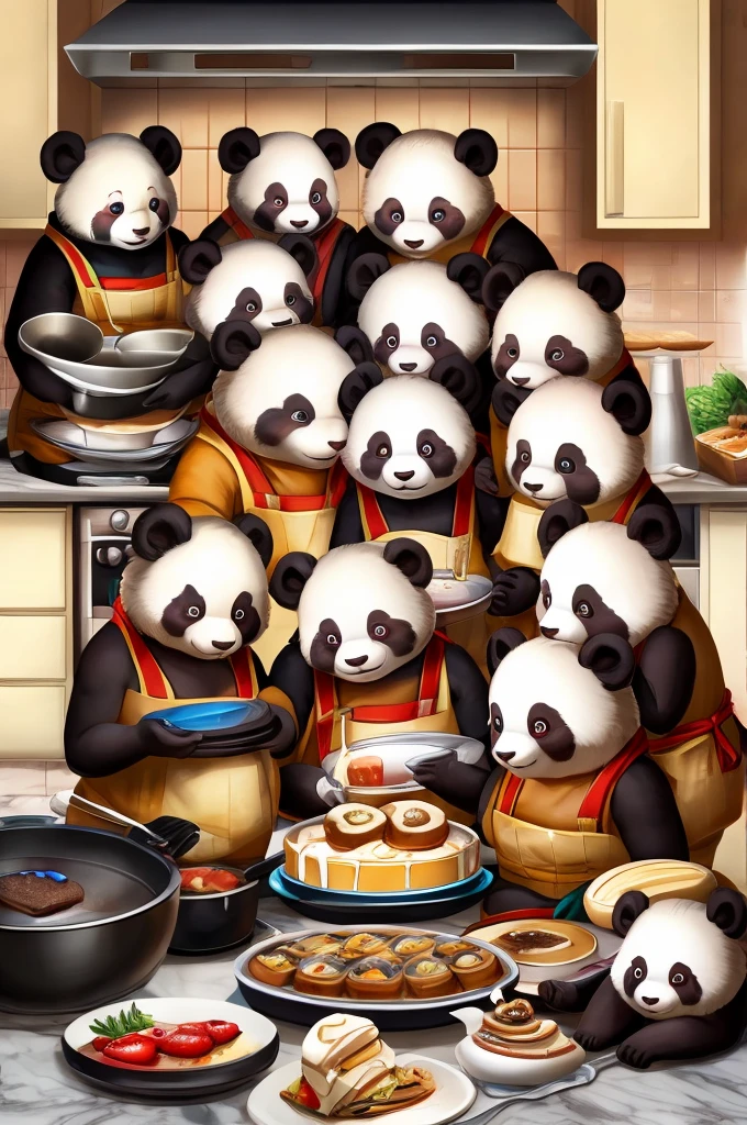 Create an image of a family of 7 pandas with 5 babies and with father and mother, cooking desserts in the kitchen 