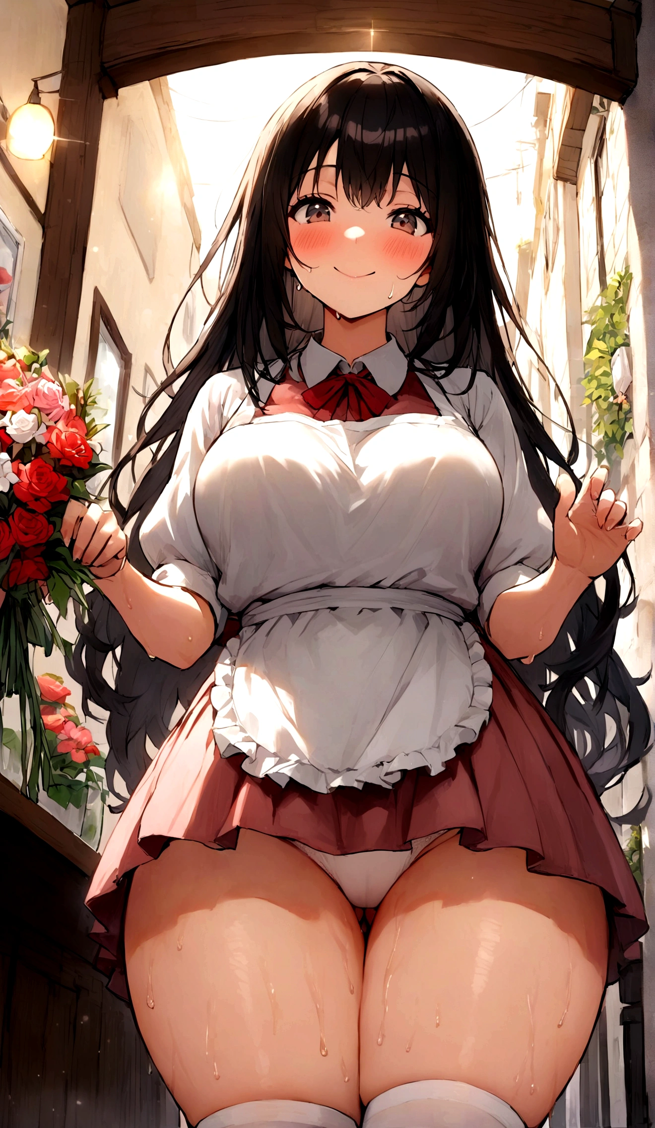 One Woman、One Man、The man is looking up her skirt、Beauty、Florist、All around me are flowers、淫乱Florist店員、Floristの店員、Age 25、flare skirt、Looking down at the viewer, Loose and fluffy long hair, Highest quality, Focus on the thighs, smile, panties、Plump thighs、Big Ass、Big 、 Black Hair,My thighs are steaming between the legs 、Sweaty knee-high socks、Angle from directly below、Waiting for a bouquet、apron、greeting