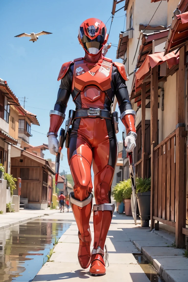 The sunset flies with the lonely geese in the distance, and the autumn river water and the vast sky are connected, icons,1boy, white, full body, Illustration, cinematic light, high resolution, best quality, ultra detailed, masterpiece, power suit, powerranger, suit, spd, (silver royal guard ranger suit), gold detail