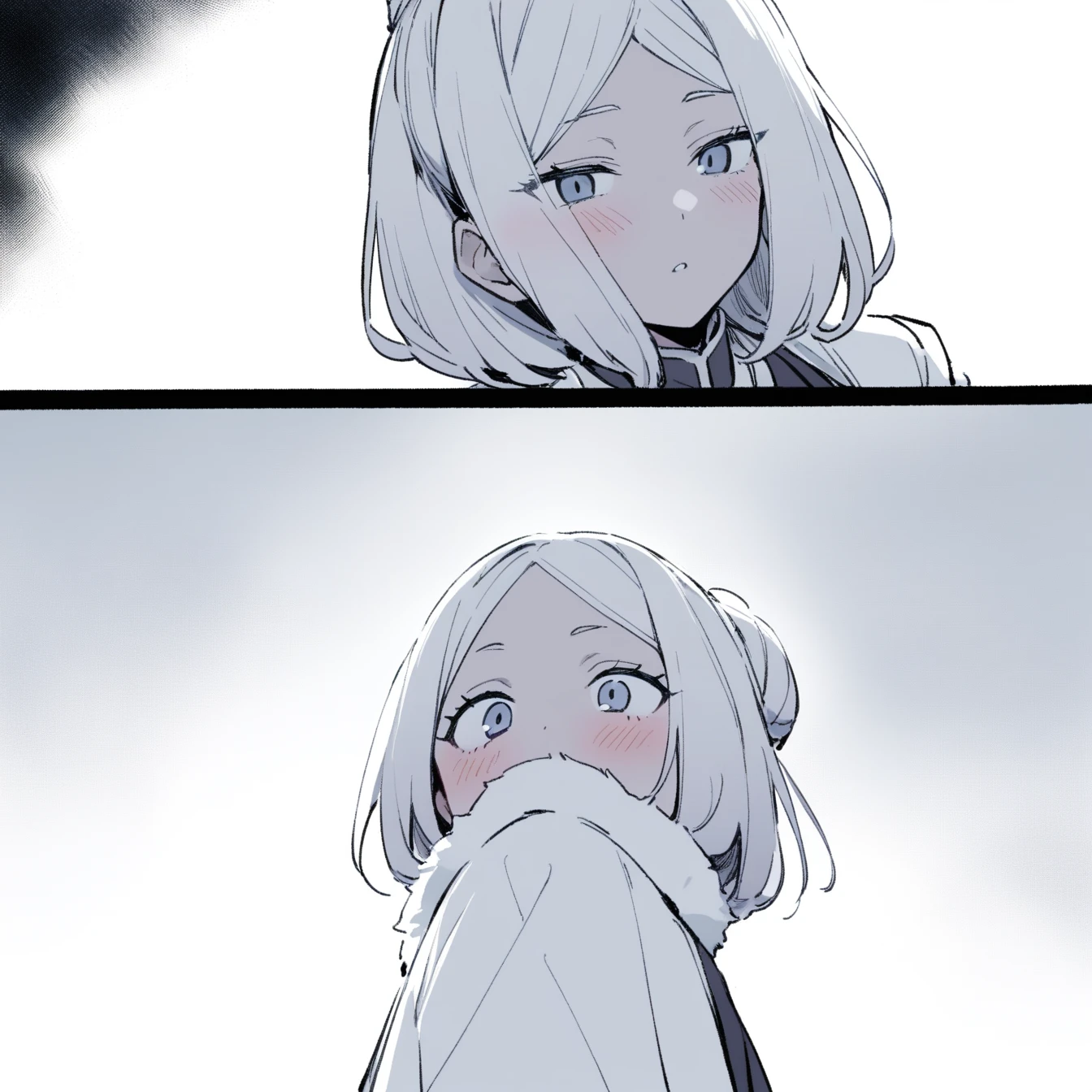 1boy, heaven \(sousou no freezing\), sousou no freezing，Solitary, Viewers, Pure white background，blush, Eye,breathe, avatar，Half Body，Comic style without color，angle, masterpiece, best quality，Chinese style clothing，Black, white and gray