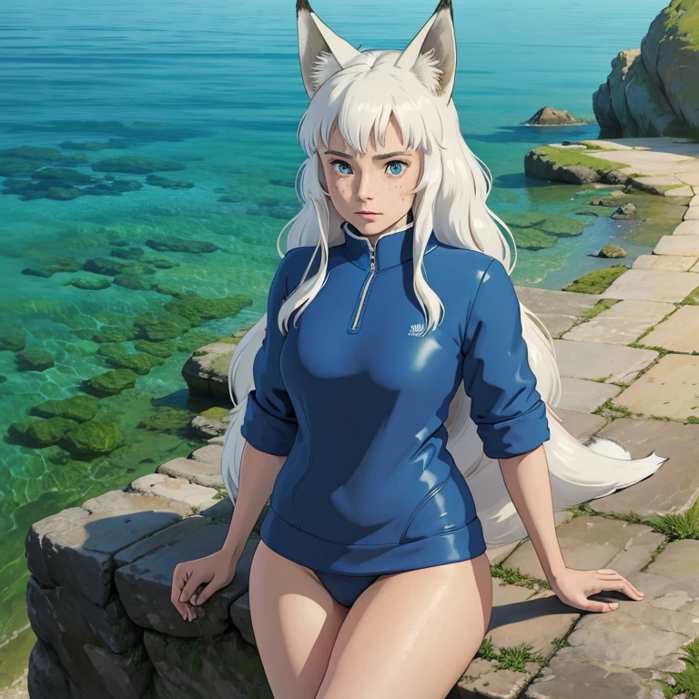 The nine-tailed fox Suda has been frolicking in the water,The figure is bumpy,curves,Emphasis on the thoracic groove,Snow-white skin,Long hair scattered in the water,Eyes seductive