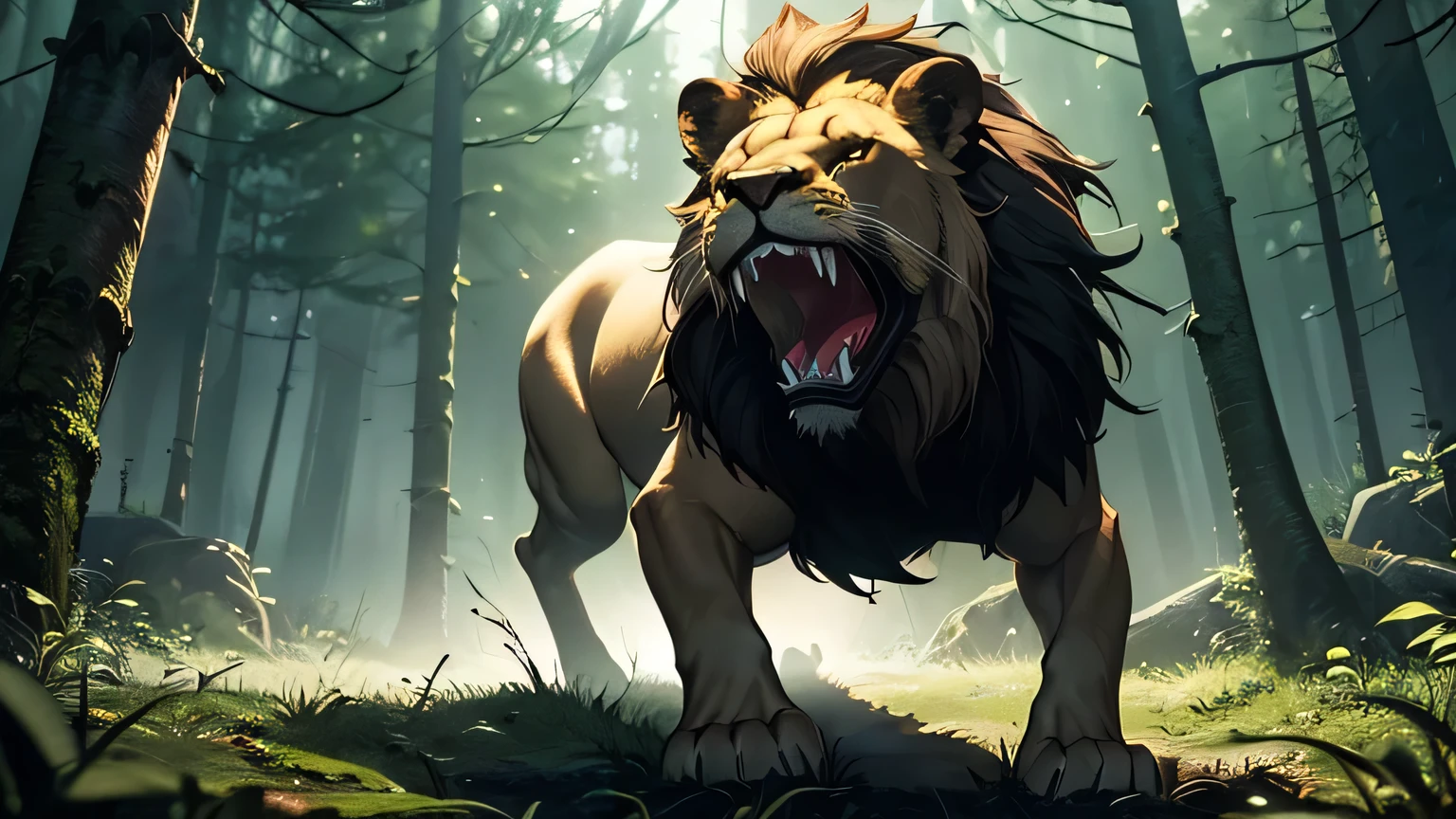 lion jumping with open jaws to attack in a dark and mysterious forest at night, movement scene in the forest, changing lighting, hyper-realistic, cinematic lighting,