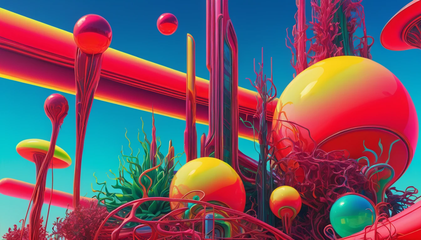 cyberpunk, A surreal, abstract composition featuring vibrant, organic shapes and forms in shades of red, green, and yellow against a blue sky background, vaporwave, neon colors, science fiction, detailed scene