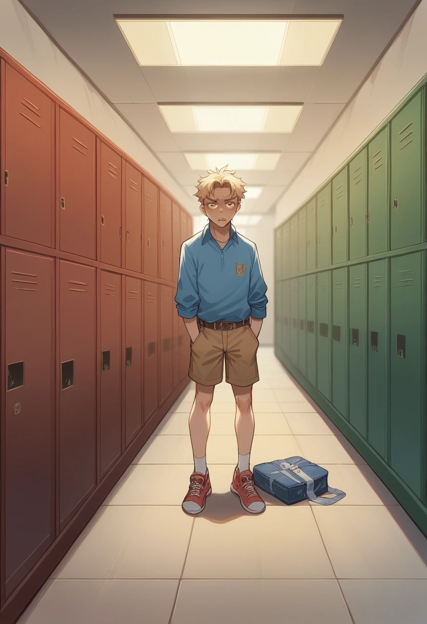 "One ager in a high school hallway physically assaults another. The aggressor wears a crown and shows an expression of superiority as he pushes or hits the victim. The victim, against the wall or on the floor, shows fear and pain. In the background are lockers and a few students watching, some concerned and some indifferent."