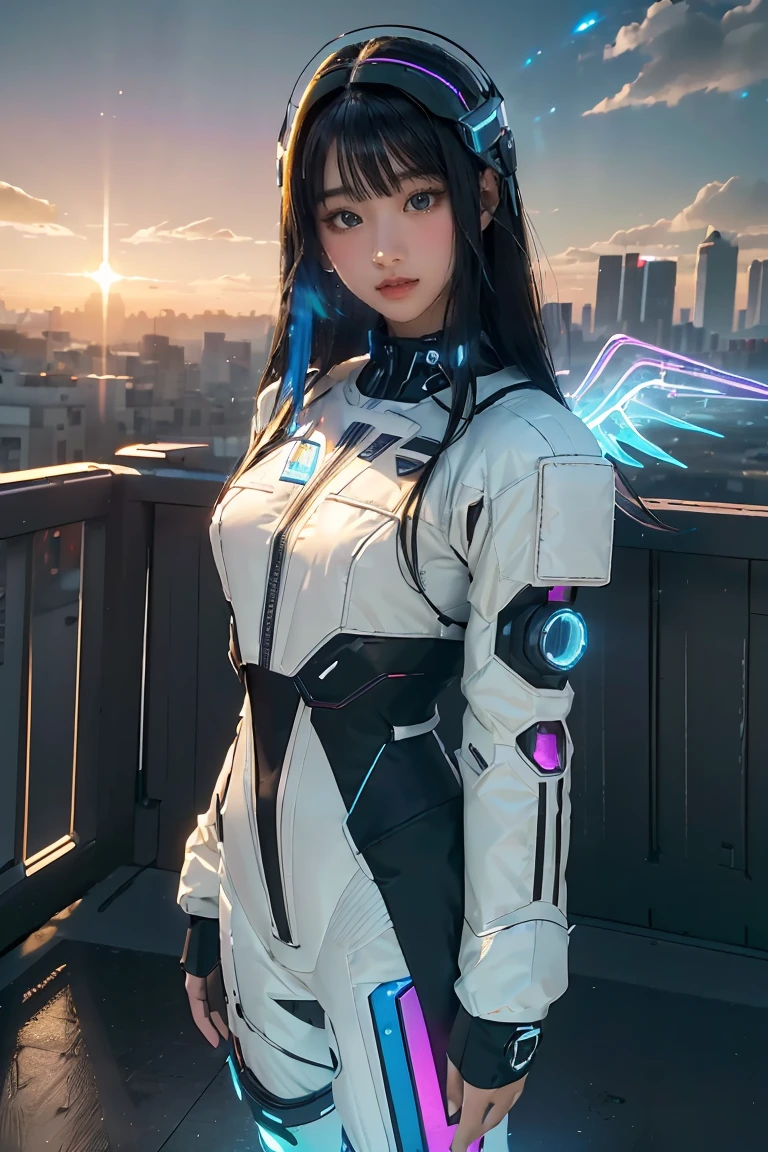 ((masterpiece, best quality, extremely detailed), volumetric lighting, ambient occlusion, colorful, glowing), 
1girl, solo, young girl, (dark hair), long hair, halo, aura, sacred, godness, cyber suit, (random-colored outfit:1.3), android, bot, cybernetic wings,
outdoors, sunset, sky, clouds, space, (cyberpunk theme:1.2),