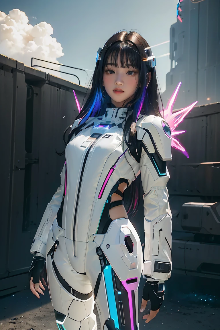 ((masterpiece, best quality, extremely detailed), volumetric lighting, ambient occlusion, colorful, glowing), 
1girl, solo, young girl, (dark hair), long hair, halo, aura, sacred, godness, cyber suit, (random-colored outfit:1.3), android, bot, cybernetic wings,
outdoors, sunset, sky, clouds, space, (cyberpunk theme:1.2),