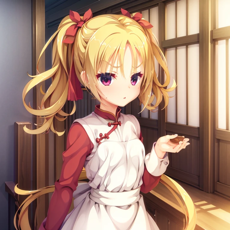 A small girl, seductive, ((forehead to show)), attractive, sexy eyes, flat eyebrows, red coat, blonde hair, twintail, delicate, young, long hair, detailed face, high definition, full body, chinese maid outfit, dead face, cafe, hands behind back