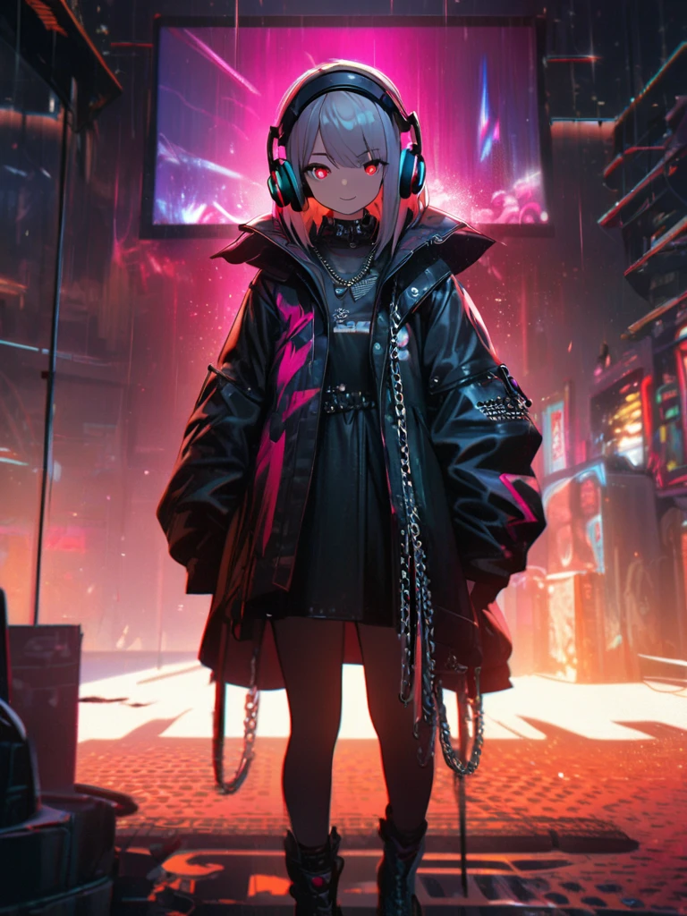 1 Girl, chromatic aberration, Written boundary depth, Soft Light, masterpiece, Highest quality, complicated, Tone Mapping, Very detailed, Art Station, Concept Art, Smooth, Clear focus, Dramatic lighting, Very detailed artwork, movie, super practical painting, Art Station's trending, 8K, Incredible Shadows, practical, (Very detailed background:1.0), whole body, View, Viewers, Very detailed portrait of one girl 1, standing on street corner, Heavy rain and lightning、Dark Sky, neon and cyber punk background, she is dressed in punk clothing with silver chains and silver spikes, Her hair was dyed light brown.....,The middle part is black, She is wearing headphones, Detailed red eyes with clear pupils, Ominous aura of light, A happy smile, punk, ciber punk, Backlight.Fashionable clothes、No knowledge of horses'tail、Dress code: casual,Her hair is tied up cutely.Sexy expression