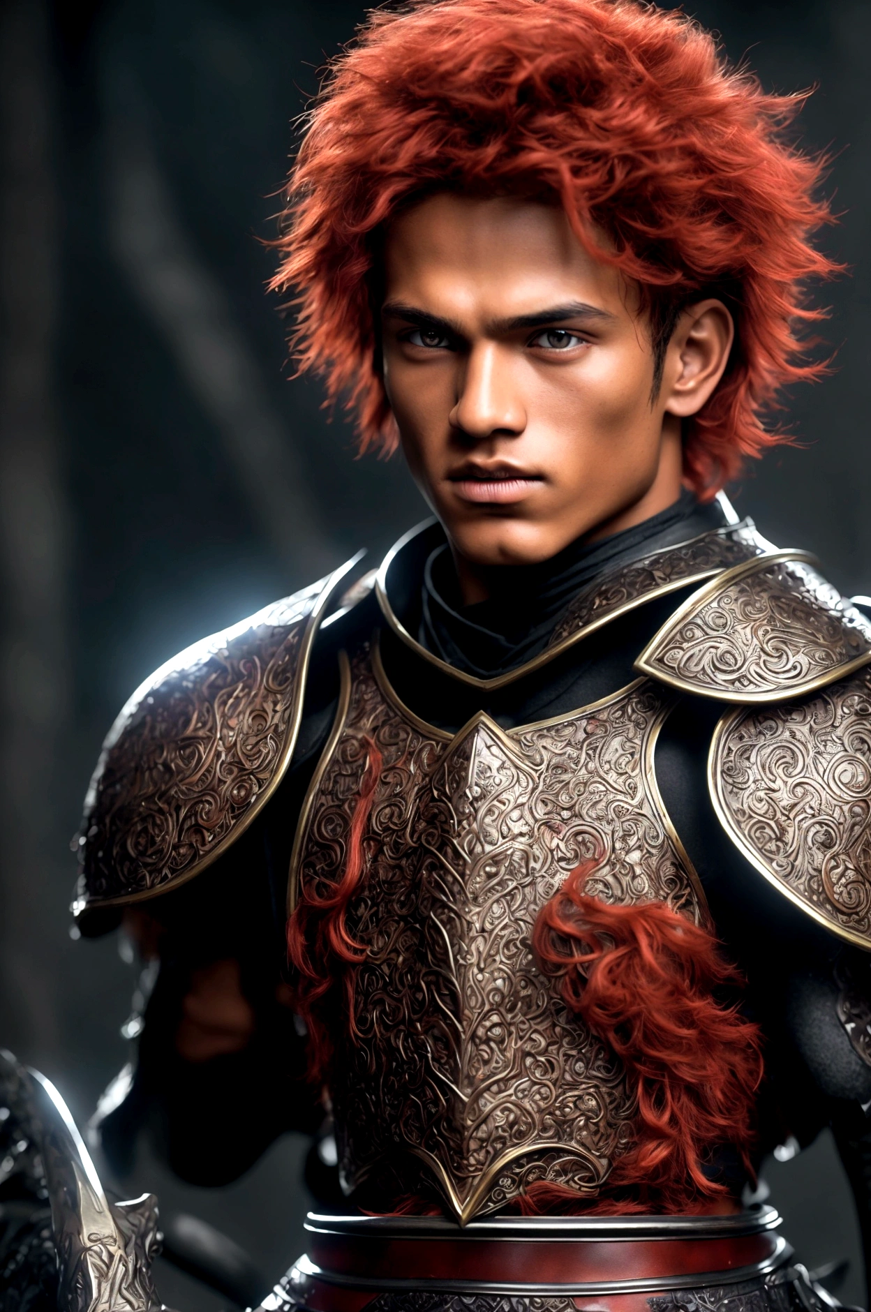 (masterpiece), best quality, boy, menacing boy, black armor, black helmet with red eyes, short bright red hair, glowing hair, eyes with a red aura, holding a black sword with a red aura, a red aura surges around him, His hair is rising from the red power, short hair, helmet around the entire head, a black sword with red aura, tanned brown skin