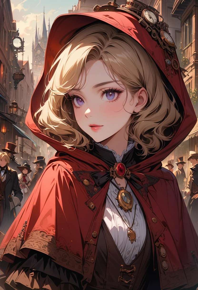 close up, Straight blond short curly hair child girl little red riding hood, Clock on necklace, (Victorian Era), ((Steampunk)), photography, Work, elegant, meticulous, Gorgeous, Maximum details, Extreme pursuit of aesthetics, Complex details, Lots of gears, Old town background