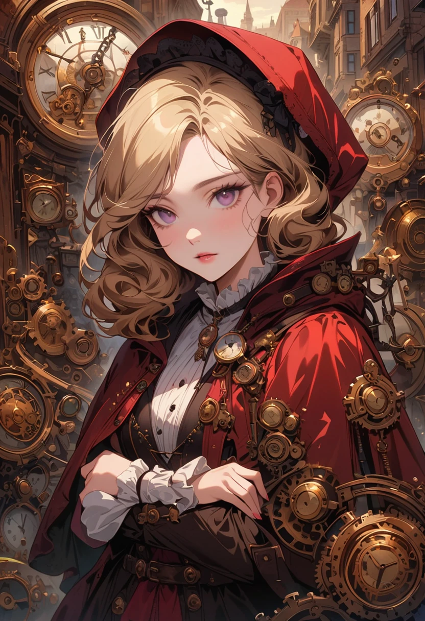 close up, Straight blond short curly hair child girl little red riding hood, Clock on necklace, (Victorian Era), ((Steampunk)), photography, Work, elegant, meticulous, Gorgeous, Maximum details, Extreme pursuit of aesthetics, Complex details, Lots of gears, Old town background